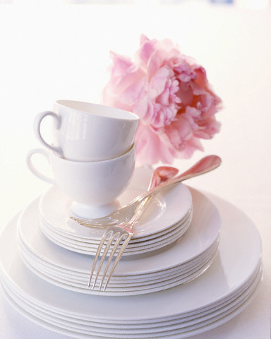 Stack of China with Two Silver Forks & Peony